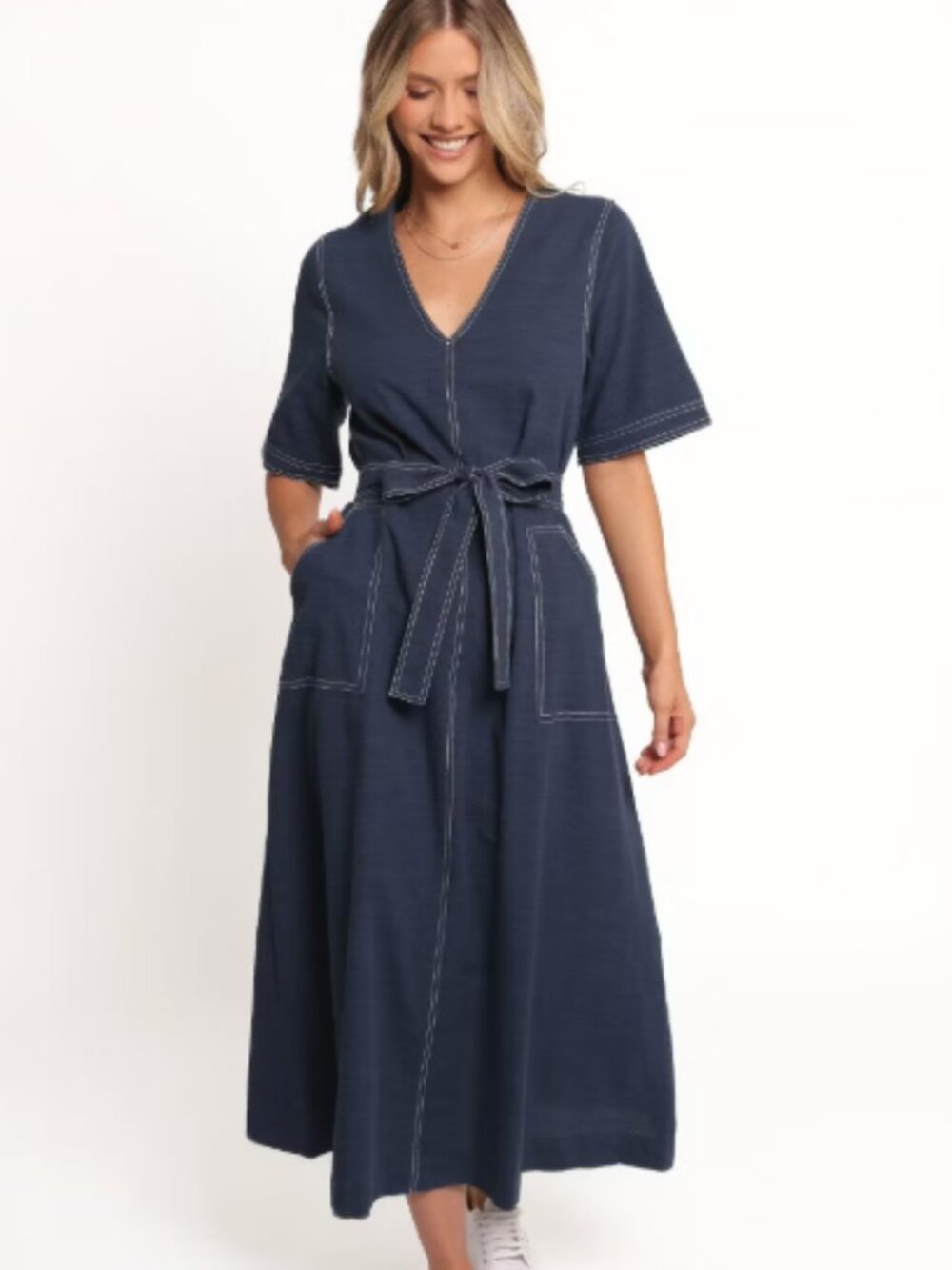 Petal & Pup Kade Midi Dress Blue Cotton Tie Waist Pockets US M - Picture 1 of 11